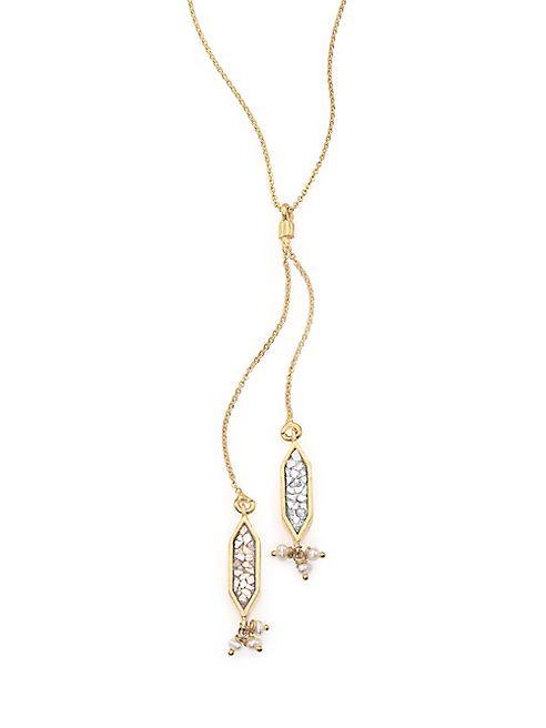 Shana Gulati - Charushila Taj 1MM-1.5MM White Round Freshwater Pearl & Sliced Raw Diamond Lariat Necklace