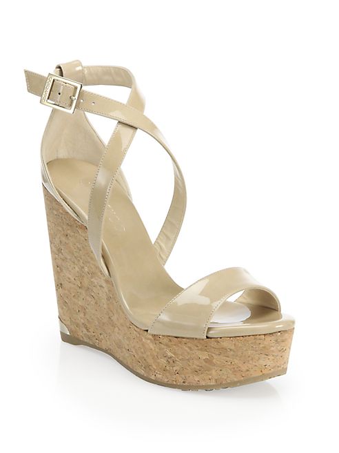 Jimmy Choo - Portia 120 Patent Leather & Cork Platform Wedge Sandals