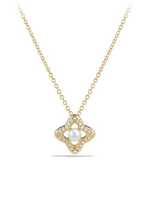 David Yurman - Venetian Quatrefoil Pendant Necklace with Diamonds and 6MM White Pearl in 18K Gold