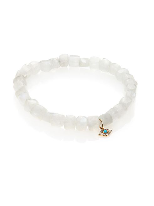 Sydney Evan - Diamond, White Moonstone, Turquoise & 14K Yellow Gold Beaded Evil Eye Bracelet