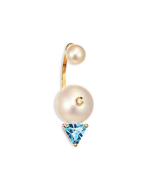 Delfina Delettrez - Trillion 5MM-12MM White Round Pearl, Light Blue Topaz & 18K Yellow Gold Hook Back Single Earring