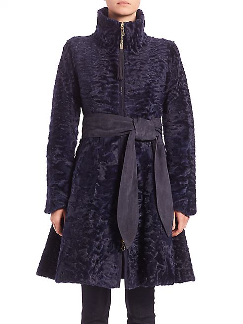 The Fur Salon - Swakara Lamb Fur Belted Coat