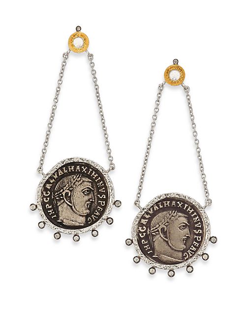 Coomi Silver - Coin Diamond, Crystal, 20K Yellow Gold & Sterling Silver Drop Earrings