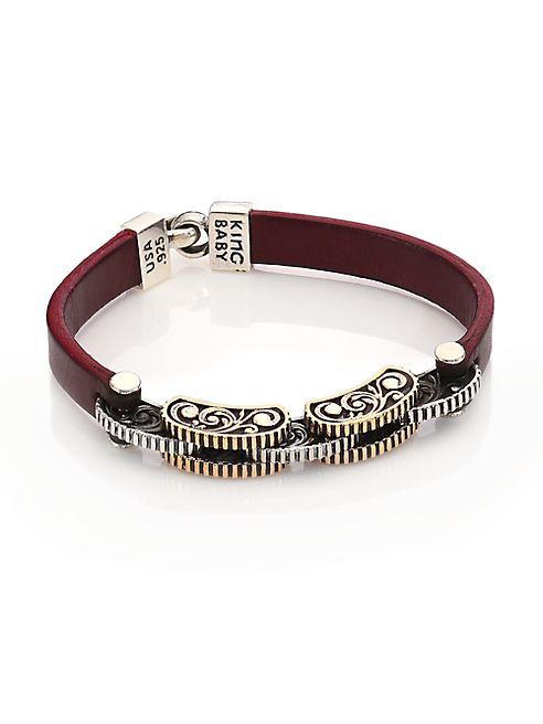 King Baby Studio - Burgundy Leather & Silver Alloy Link Bracelet