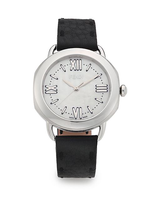 Fendi - Selleria Mother-Of-Pearl, Stainless Steel & Leather Strap Watch