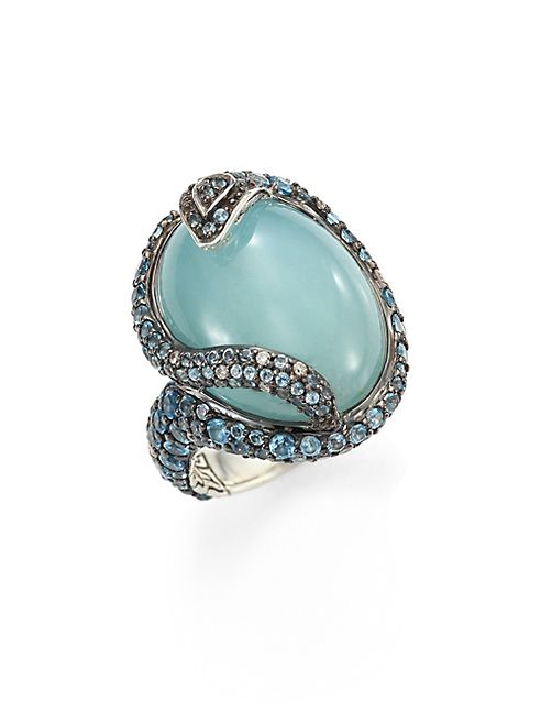 John Hardy - Legends Cobra Batu Diamond, Aquamarine, Swiss Blue Topaz & Sterling Silver Oval Ring