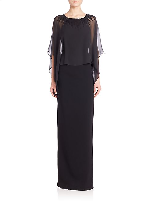 Teri Jon by Rickie Freeman - Cape-Sleeve Bead-Neck Gown