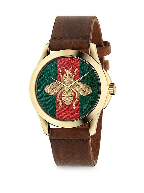 Gucci - G-Timeless Embroidered Bee Goldtone Stainless Steel & Leather Strap Watch