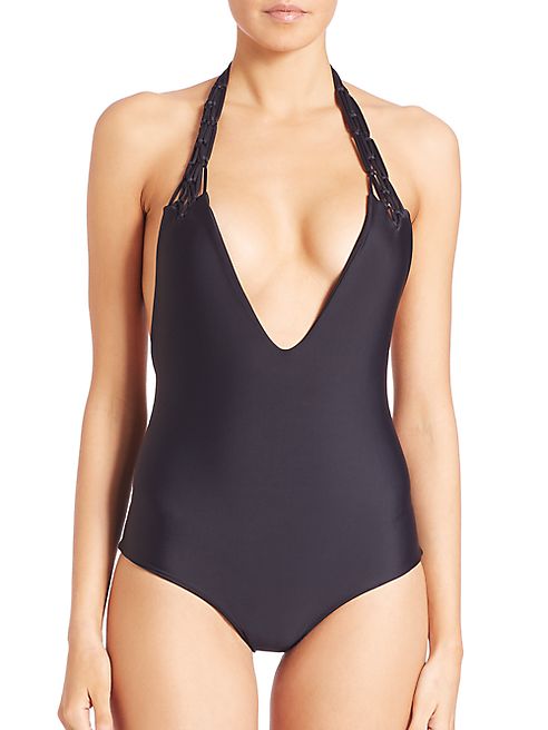 MIKOH SWIMWEAR - One-Piece Topanga Macrame Halter Swimsuit