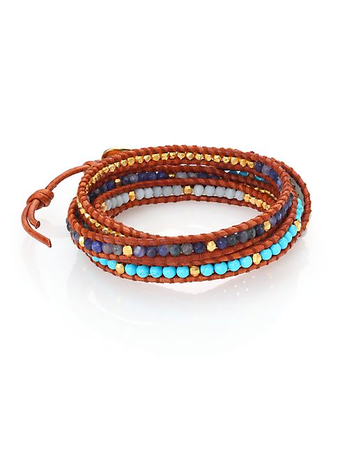 Chan Luu - Turquoise, Sodalite, Amazonite & Leather Multi-Row Beaded Wrap Bracelet