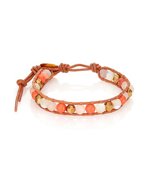 Chan Luu - Red Aventurine, Mother-Of-Pearl, Salmon Faux Pearl & Leather Beaded Bracelet