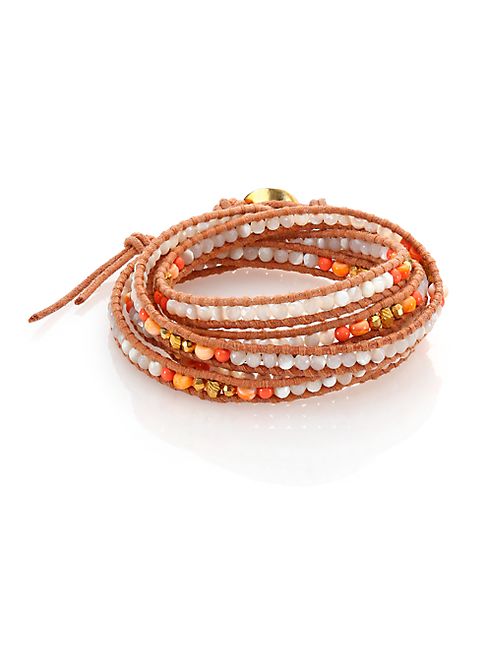 Chan Luu - Mother-Of-Pearl, Faux Lion's Paw Pearl & Leather Multi-Row Beaded Wrap Bracelet