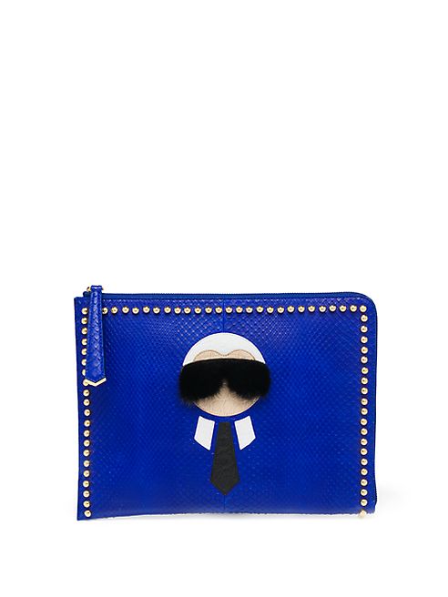 Fendi - Karlito Studded Python, Caiman & Mink Fur Zip Pouch