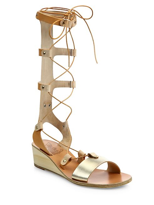 Ancient Greek Sandals - Thebes Metallic Leather Tall Gladiator Wedge Sandals