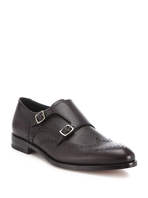 Salvatore Ferragamo - Textured Wingtip   Leather Monk Oxfords