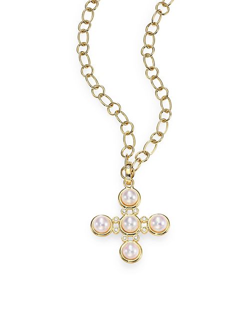 Temple St. Clair - Small Classic 5MM White Pearl & Diamond Five-Stone Cross Pendant