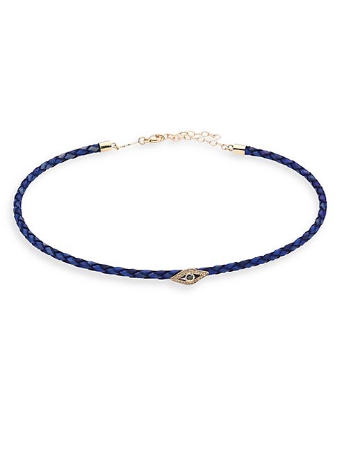 Jacquie Aiche - White Diamond, Blue Diamond, 14K Yellow Gold & Leather Choker Necklace