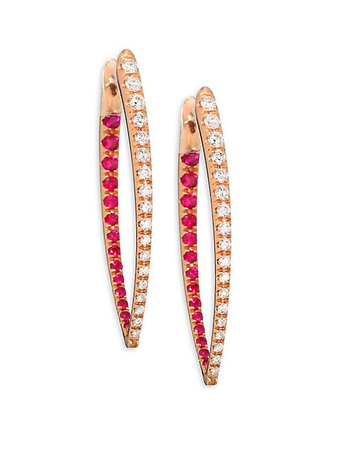 Melissa Kaye - Cristina Large Diamond, Ruby & 18K Pink Gold Hinged Hoop Earrings/1.25