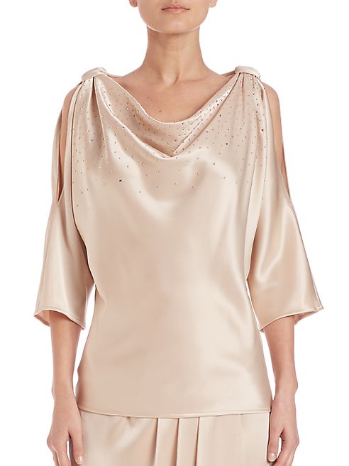 St. John - Caviar Collection Beaded Satin Cold-Shoulder Top