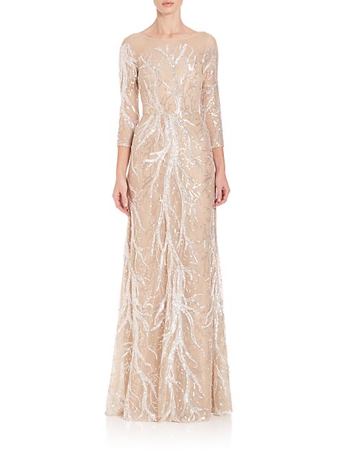 David Meister - Three-Quarter Sleeve Embroidered Sequin Gown