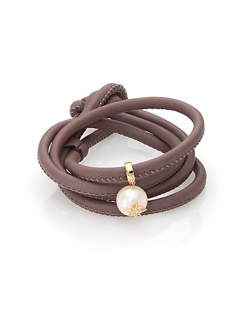 Mizuki - Diamond, 12MM White Oval Pearl, 14K Yellow Gold & Leather Wrap Bracelet