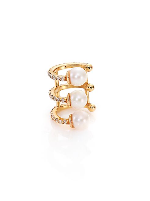 PHYNE by Paige Novick - Building Blocks Pavé Diamond, 4MM White Pearl & 14K Yellow Gold Single Ear Cuff