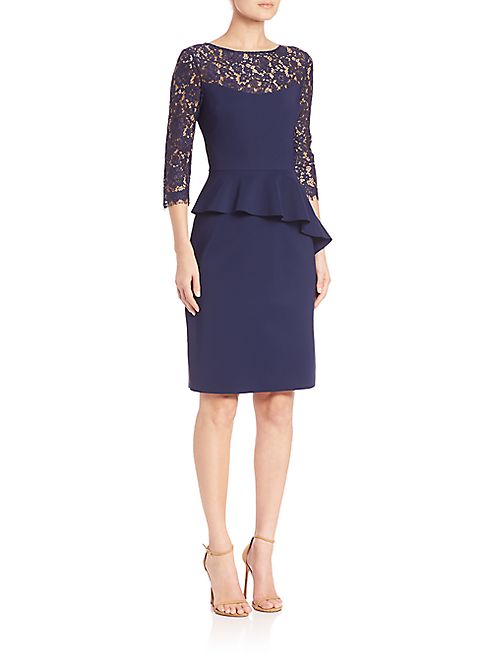 Teri Jon by Rickie Freeman - Lace Three-Quarter Sleeve Peplum Dress