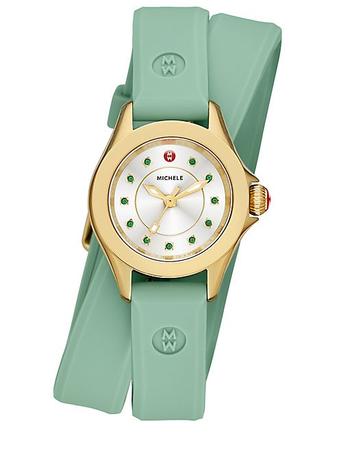 Michele Watches - Cape Mini Green Topaz, Goldtone Stainless Steel & Silicone Double-Wrap Strap Watch/Green