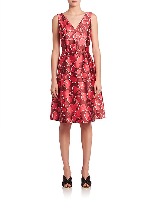 Oscar de la Renta - Belted Floral Silk & Cotton Dress