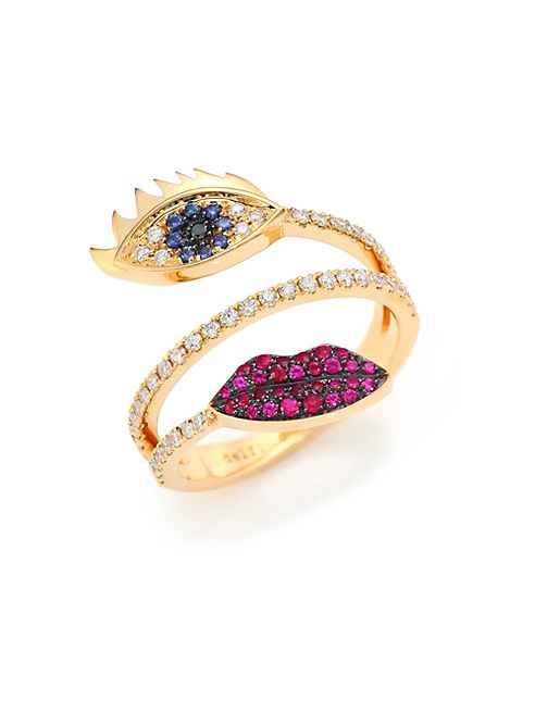 Delfina Delettrez - Marry Me Blue Sapphire, Diamond, Rubies & 18K Yellow Gold Eyes & Lips Ring