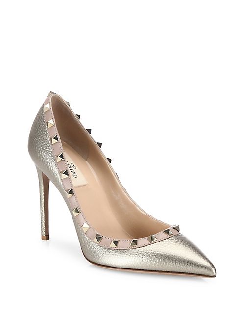 Valentino - Rockstud Metallic Leather Point Toe Pumps