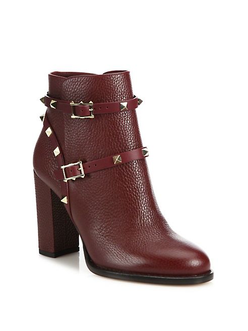 Valentino - Rockstud Pebbled Leather Block Heel Booties