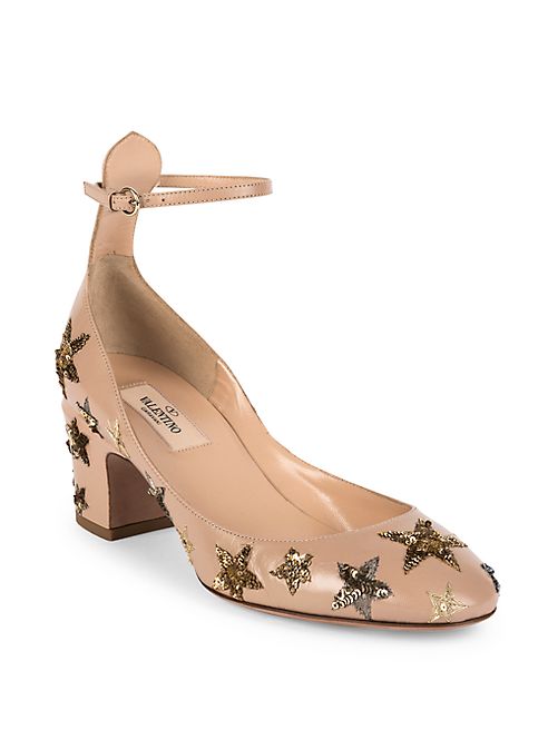 Valentino - Star-Studded Leather Ankle-Strap Block Heel Pumps