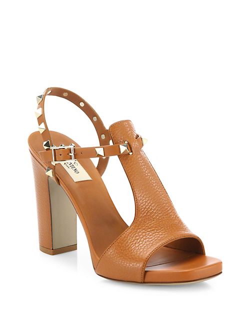 Valentino - Rockstud Leather T-Strap Block Heel Sandals