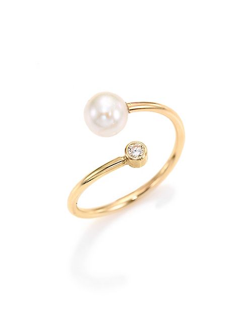 Zoe Chicco - Diamond, 6MM White Pearl & 14K Yellow Gold Bypass Ring