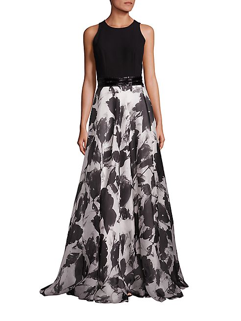 Carmen Marc Valvo - Beaded Belt Floral Silk-Blend Gown