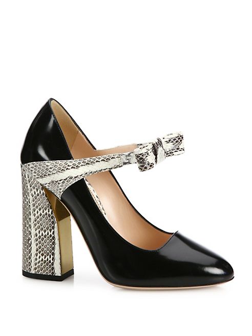 Gucci - Nimue Bow Patent Leather & Snakeskin Mary Jane Block Heel Pumps