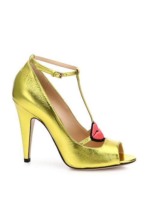 Gucci - Molina Metallic Leather Lips T-Strap Pumps