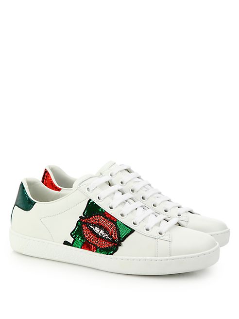 Gucci - Ace Lip-Embroidered Leather Low-Top Sneakers