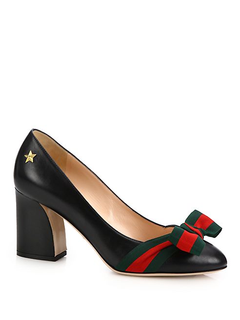 Gucci - Aline Grosgrain Bow & Leather Block Heel Pumps