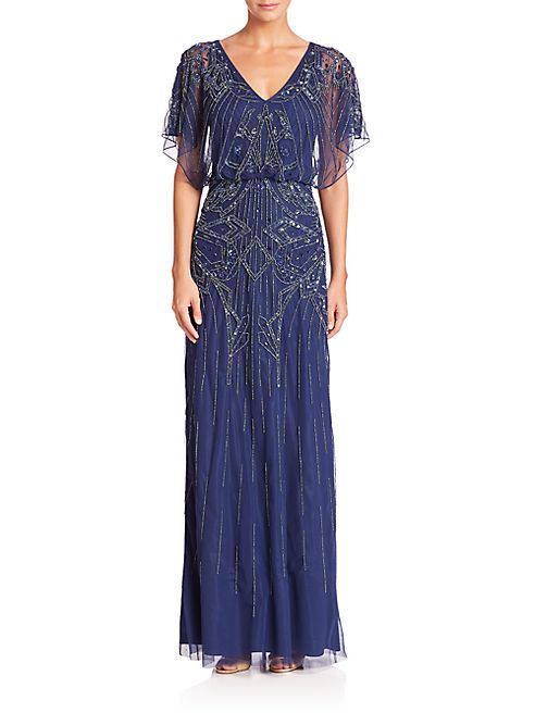 Aidan Mattox - Flutter Sleeve Beaded V-Neck Blouson Gown