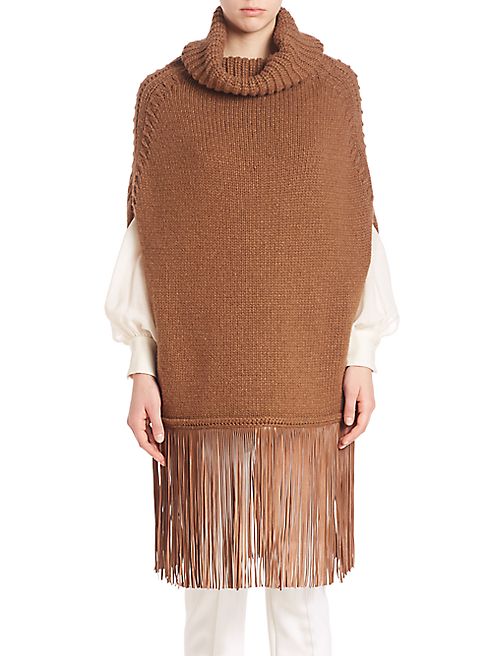 Agnona - Turtleneck Knit Poncho with Fringed Hem