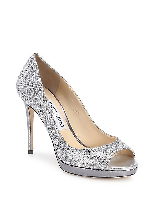 Jimmy Choo - Luna 100 Leather & Glitter Peep Toe Pumps