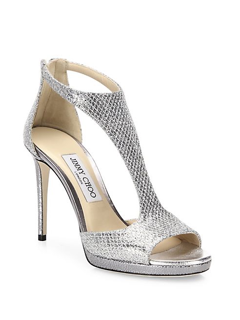 Jimmy Choo - Lana 100 Glitter & Leather T-Strap Sandals