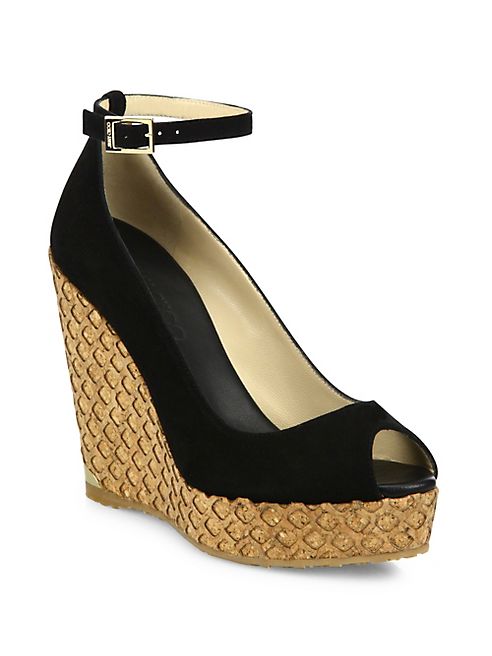 Jimmy Choo - Pacific 120 Suede Ankle-Strap Cork Wedge Peep Toe Sandals