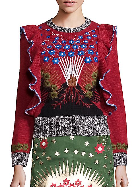 Valentino - Wool & Cashmere Embroidered Ruffle-Detail Sweater