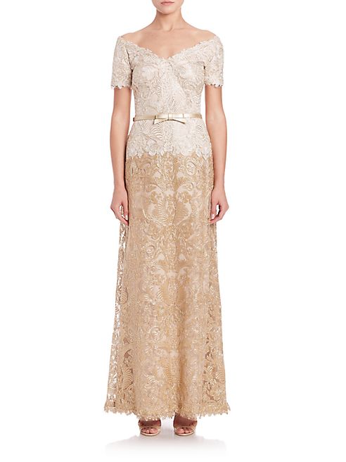 Tadashi Shoji - Off-The-Shoulder A-Line Belted Lace Gown