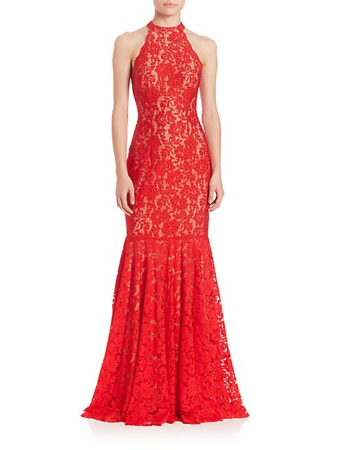 Jovani - Sleeveless Halter Lace Gown