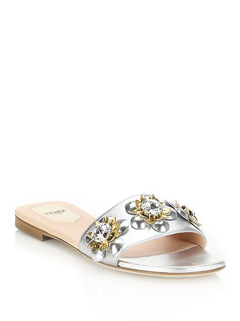 Fendi - Flowerland Jeweled Metallic Leather Slides