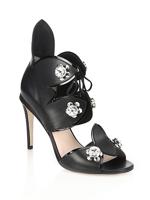 Fendi - Flowerland Jeweled Leather Peep-Toe Sandals